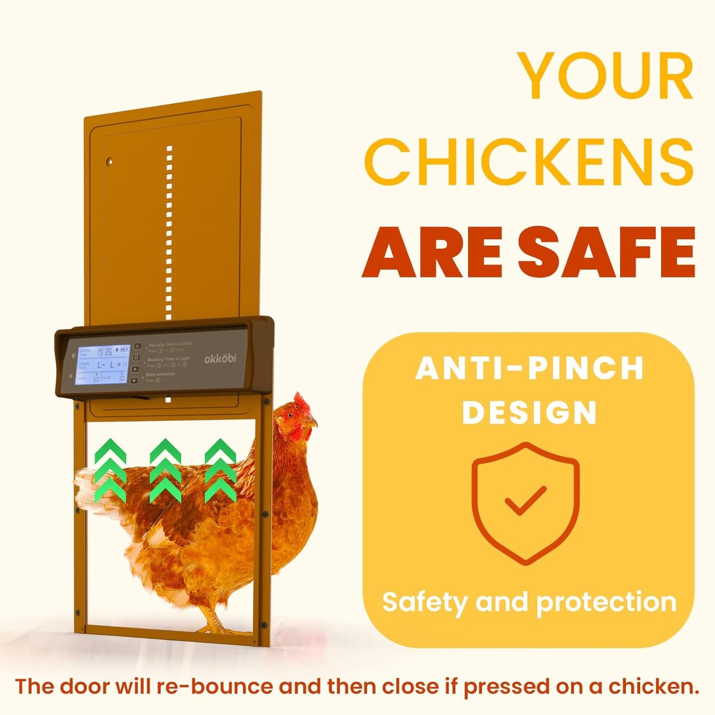 Okkobi Automatic Chicken Coop Door Solar Powered - Poultry Coop Door with Remote Control, Timer & Light Sensor - LCD Display - Anti-Pinch Function - 5-Year Protection - Brown