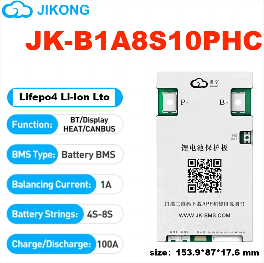 JK BMS 100A Jikong BMS JK-B1A8S10P Smart BMS 8S 24V Active Balance 1A BMS for LiFePO4 Lithium Ion Battery BMS RS485 CAN App BT