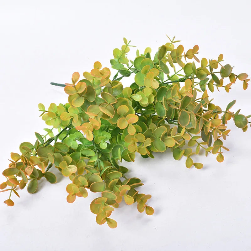 YO CHO Artificial Plants 7 Forks Eucalyptus Leaves Plastic Plants Green Twigs Eucalyptus Leaves Home Party Wedding Wall Decor