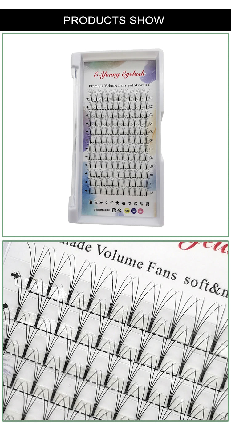 E-young 2d Premade Lashes Volume Fans Short Stem C/D Curl 0.1mm Natural False Eyelashes Extensions Premade Fans Wholesale Makeup