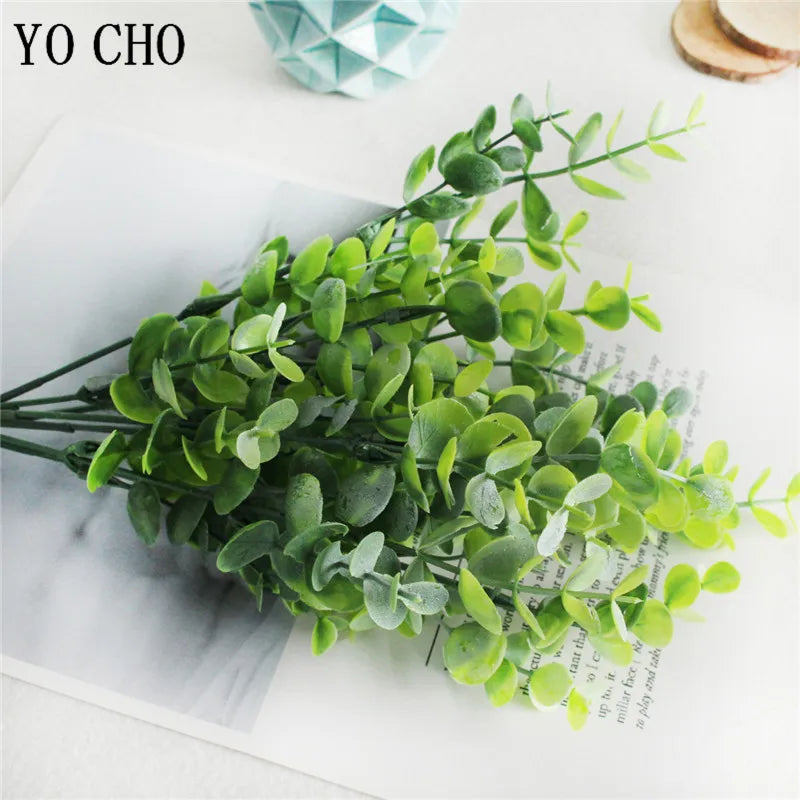 YO CHO Artificial Plants 7 Forks Eucalyptus Leaves Plastic Plants Green Twigs Eucalyptus Leaves Home Party Wedding Wall Decor