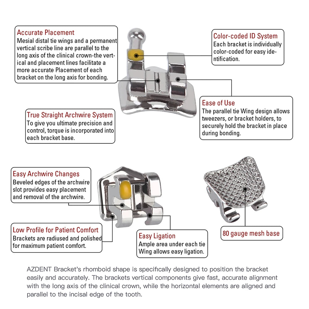 1pack AZDENT Dental Orthodontic Brackets  Mini / Standard Roth / MBT / Edgewise 022/018 Slot Hook 3/345