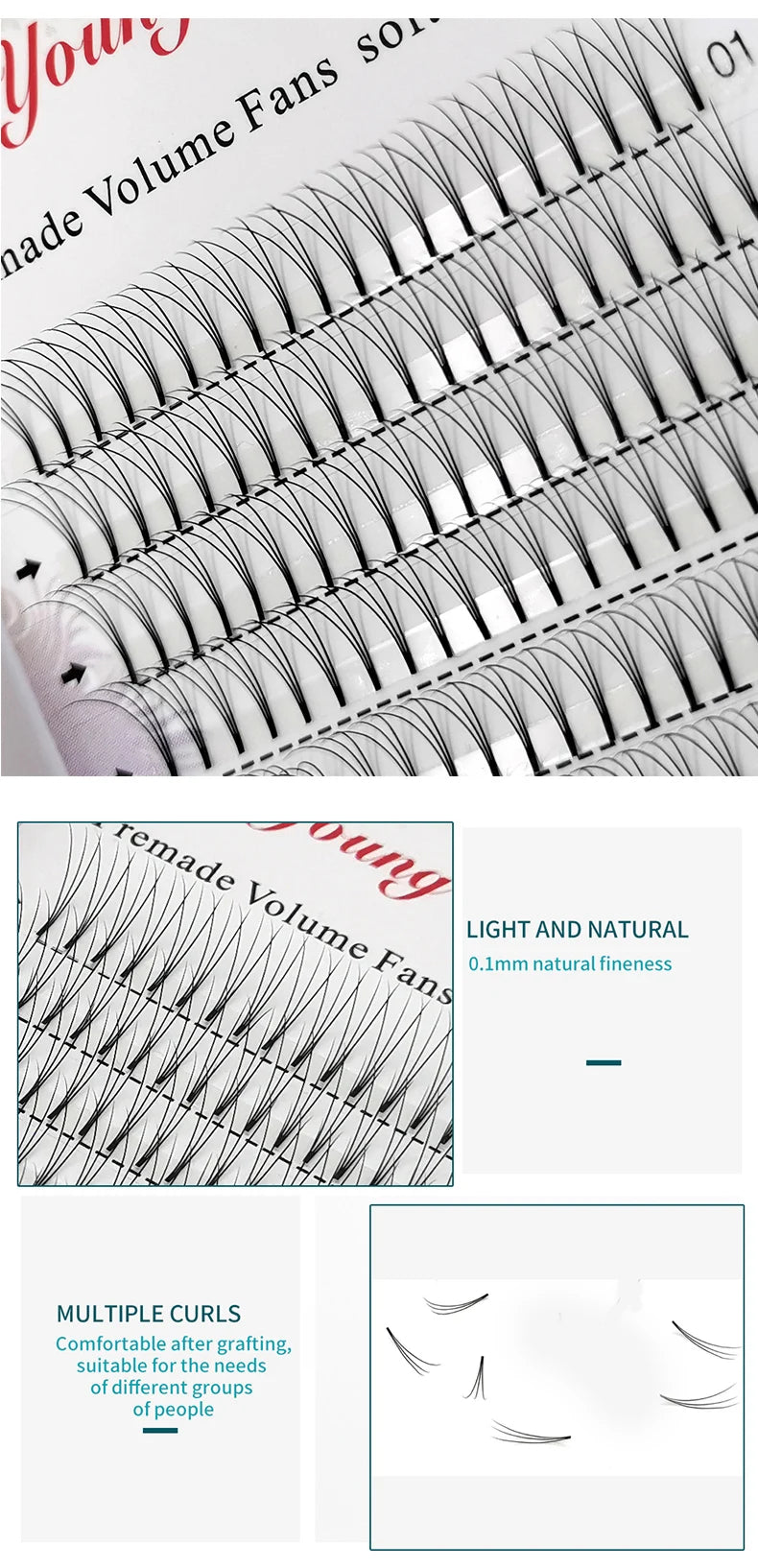 E-young 2d Premade Lashes Volume Fans Short Stem C/D Curl 0.1mm Natural False Eyelashes Extensions Premade Fans Wholesale Makeup