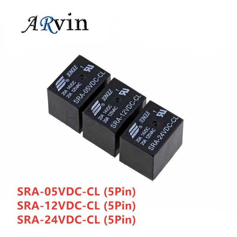 5Pcs 5V 12V 24V 20A DC Power Relay SRA-05VDC-CL SRA-12VDC-CL SRA-24VDC-CL 5Pin PCB Type In Stock Black Automobile Relay