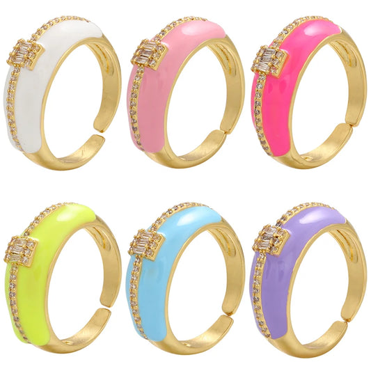ZHUKOU gold color Dripping oil opening rings for women CZ crystal Enamel lady rings Neon chunky rings jewelry wholesale VJ232
