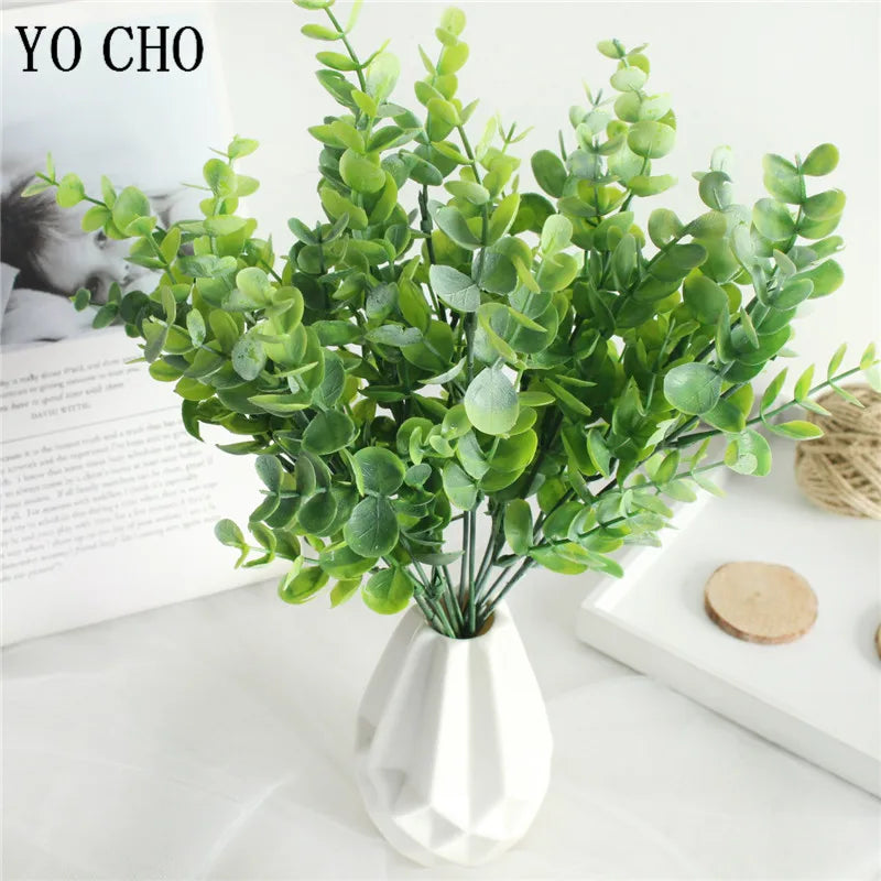 YO CHO Artificial Plants 7 Forks Eucalyptus Leaves Plastic Plants Green Twigs Eucalyptus Leaves Home Party Wedding Wall Decor
