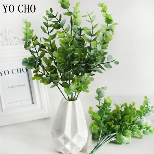 YO CHO Artificial Plants 7 Forks Eucalyptus Leaves Plastic Plants Green Twigs Eucalyptus Leaves Home Party Wedding Wall Decor