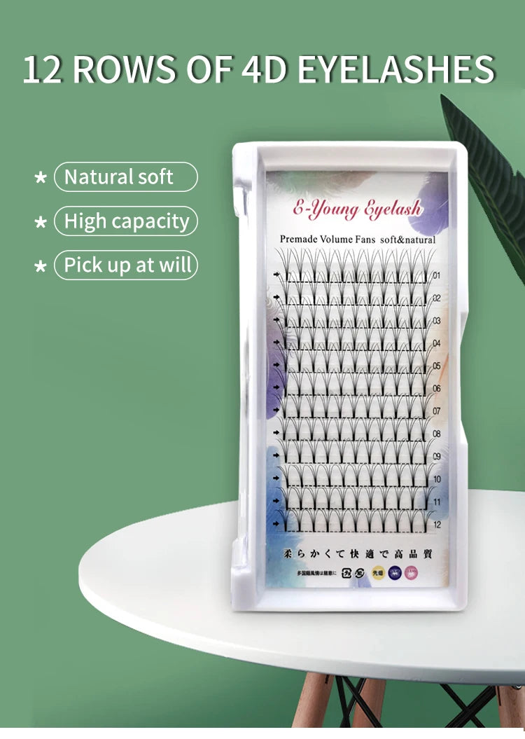 E-young 2d Premade Lashes Volume Fans Short Stem C/D Curl 0.1mm Natural False Eyelashes Extensions Premade Fans Wholesale Makeup