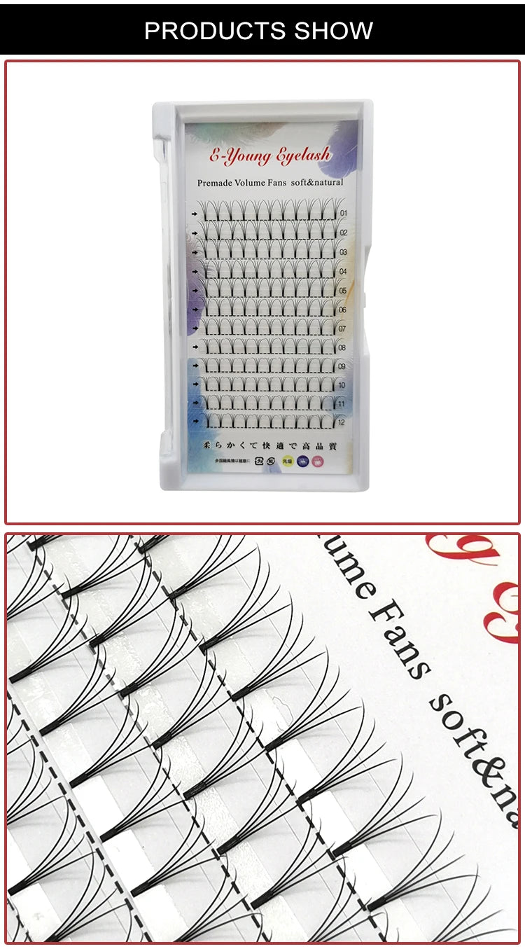 E-young 2d Premade Lashes Volume Fans Short Stem C/D Curl 0.1mm Natural False Eyelashes Extensions Premade Fans Wholesale Makeup