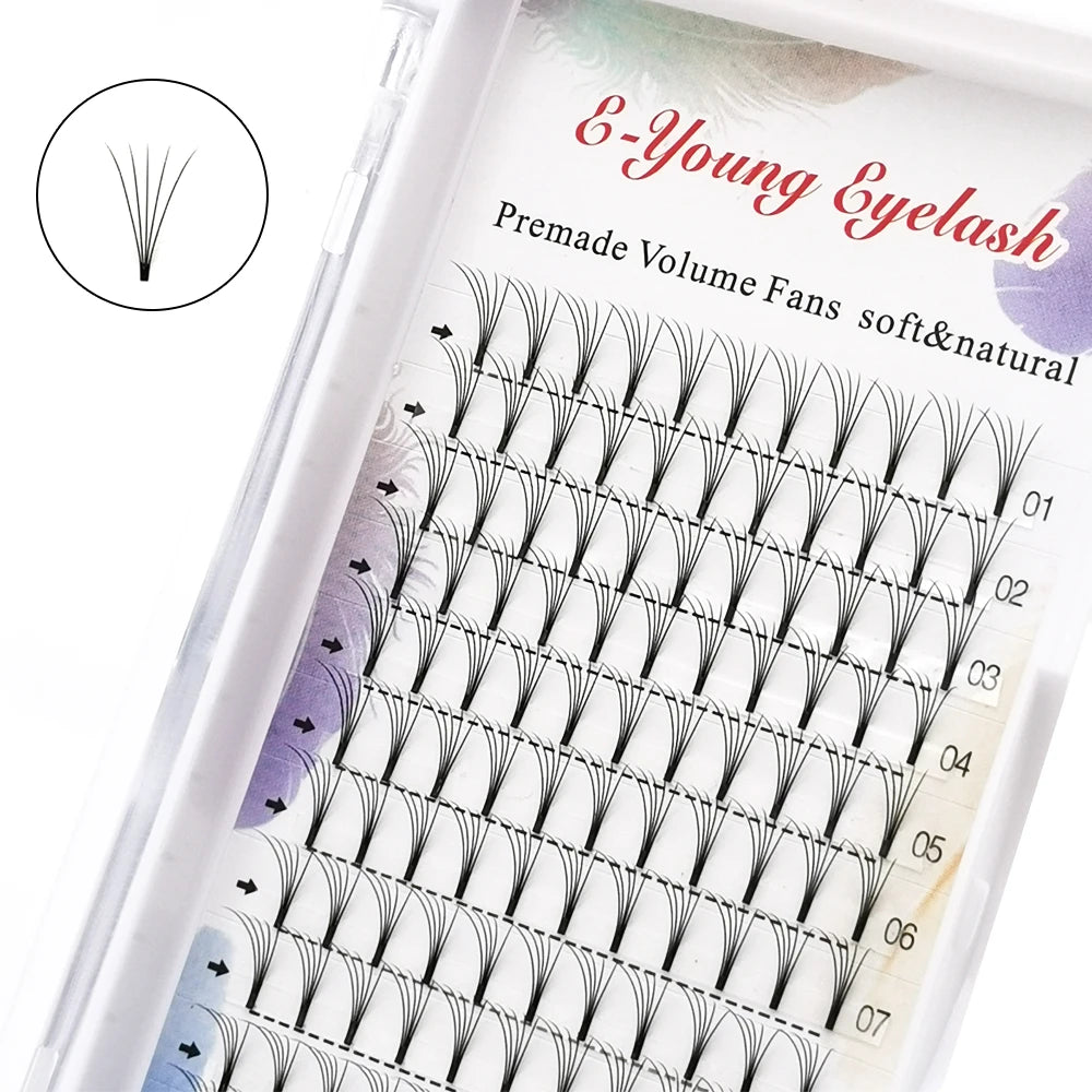E-young 2d Premade Lashes Volume Fans Short Stem C/D Curl 0.1mm Natural False Eyelashes Extensions Premade Fans Wholesale Makeup
