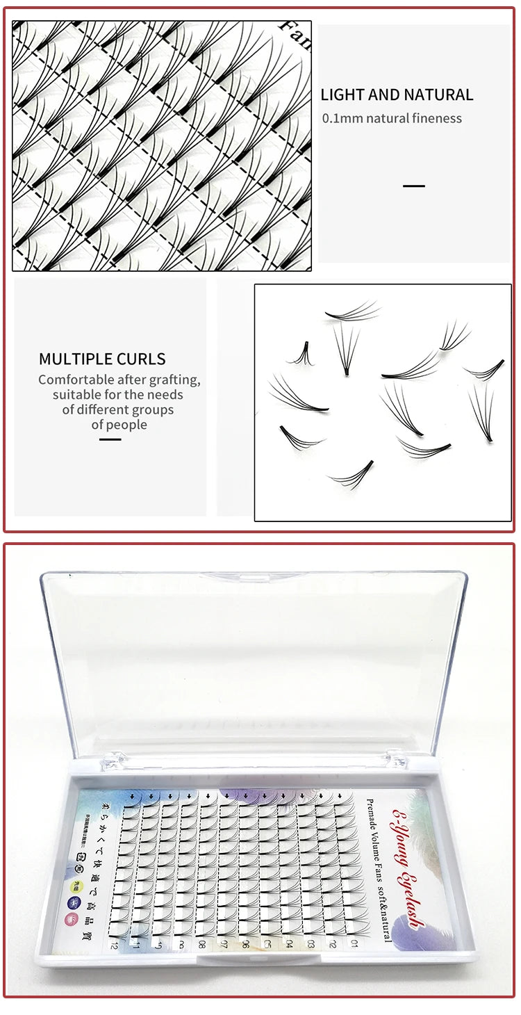 E-young 2d Premade Lashes Volume Fans Short Stem C/D Curl 0.1mm Natural False Eyelashes Extensions Premade Fans Wholesale Makeup