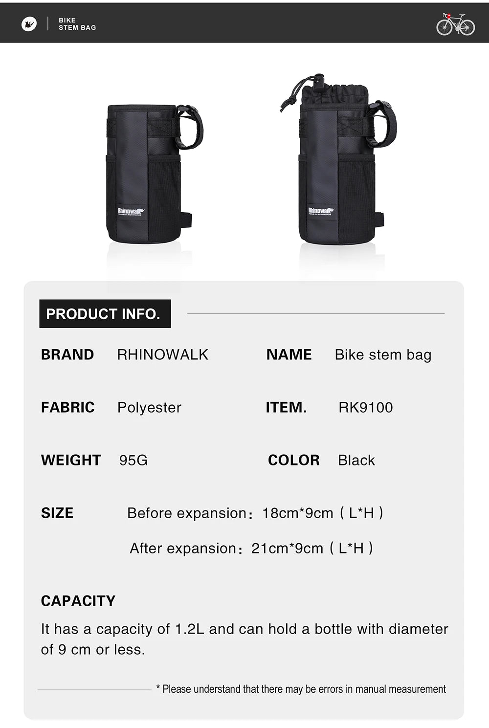 Rhinowalk Bicycle Bag Bike Bottle Holder Cycling Water Bottle Carrier Pouch MTB Bike Insulated Kettle Handlebar Bag Accessories