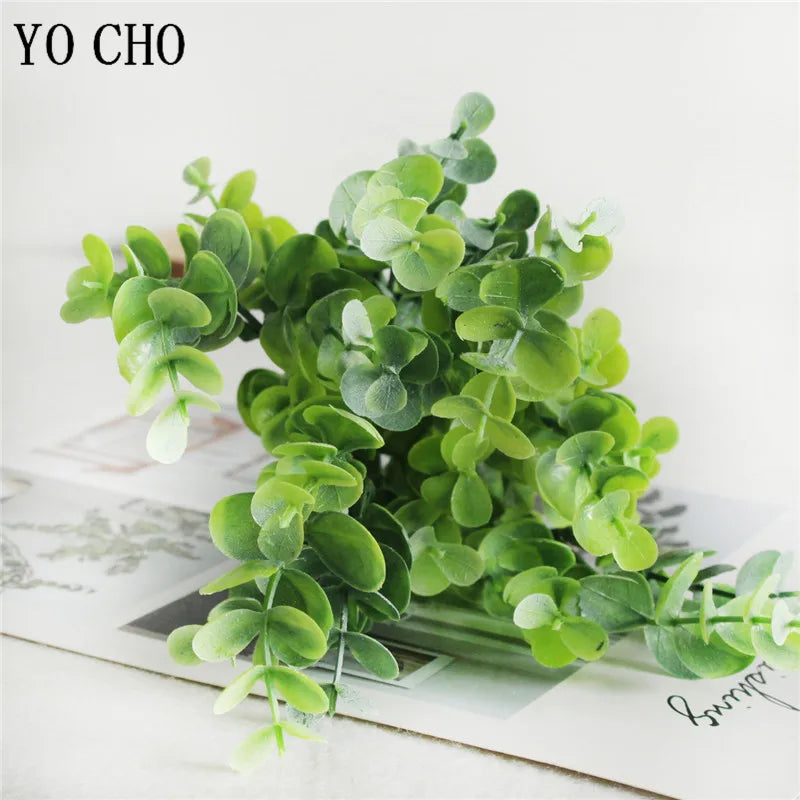 YO CHO Artificial Plants 7 Forks Eucalyptus Leaves Plastic Plants Green Twigs Eucalyptus Leaves Home Party Wedding Wall Decor