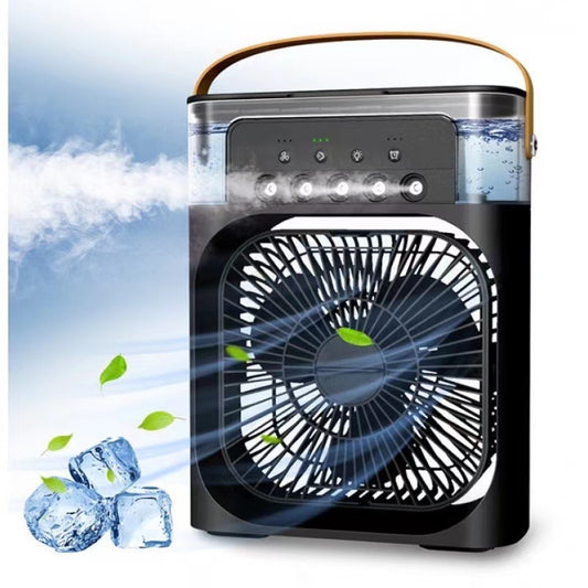 A portable air conditioner with a black body and a clear water tank on top, featuring a fan behind and a blue LED light strip, alongside ice cubes and green leaves to indicate its cooling effect.