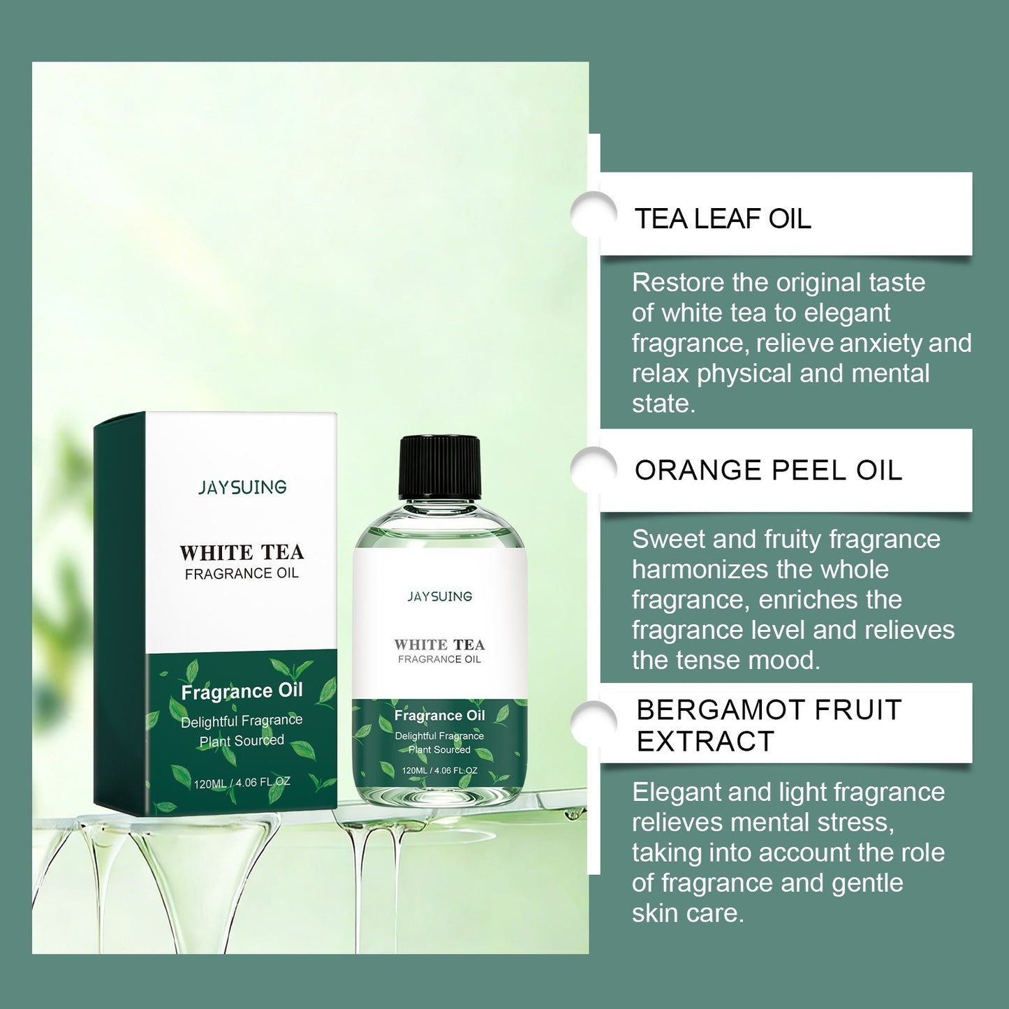 Jaysuing White Tea Fragrance Essential Oil, Long-Lasting Fragrance for Daily Commuting and Dating, Fresh and Skin-Friendly Atmosphere Perfume