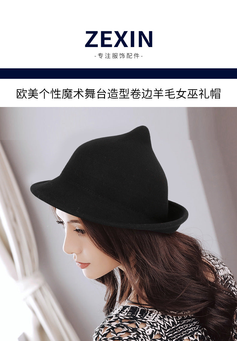 European and American Personalized Magic Hat Pointed Felt Hat Magic Hat Halloween Stage Performance Hat Rolled Edge Wool Witch Hat