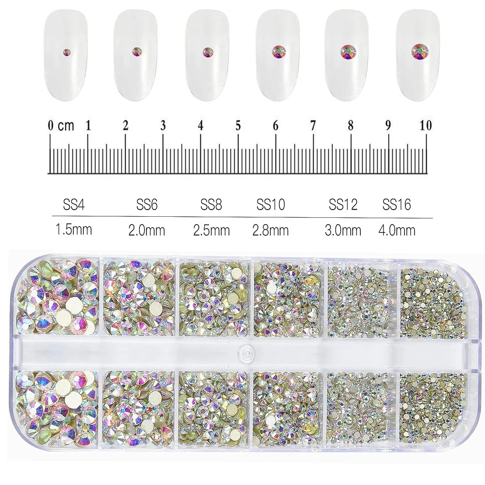 12Grid/1500PCS Shiny Crystal Nail Art Rhinestones SS4-16 Silver 3D Flatback Semicircler Nail Charms Gemstones for DIY Decoration