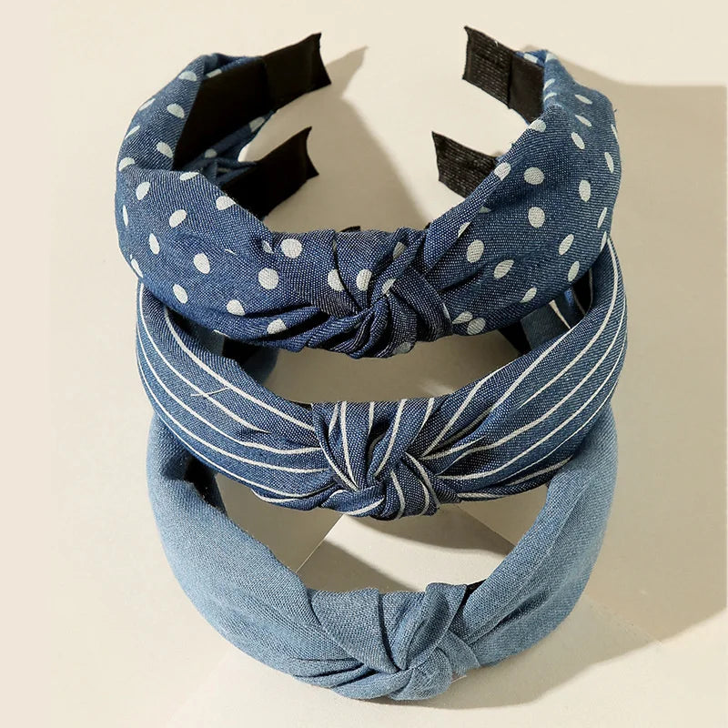 1/3pcs Knotted Print Denim Cloth Headband for Women Girls Shopping Face Wash Hair Hoop Simple Denim Headpiece