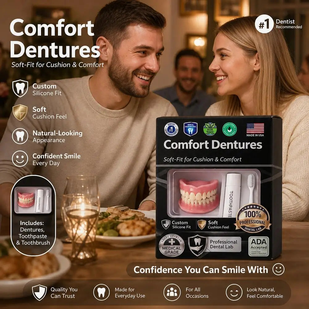 Moldable Silicone Denture Set, Upper & Lower Natural Ivory False Teeth Kit, Instant Smile with Toothbrush & Toothpaste
