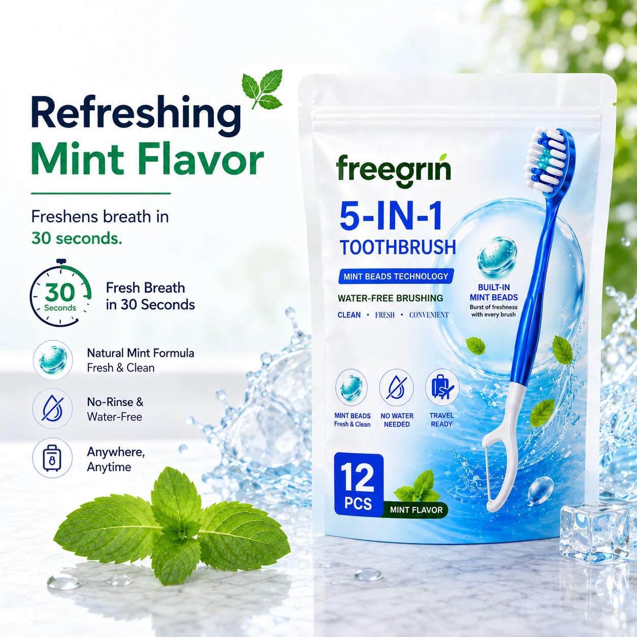 5-in-1 Disposable Travel Toothbrush 12Pcs Mint,Individually Wrapped Soft Brush with Toothpaste Floss Pick Tongue Scraper