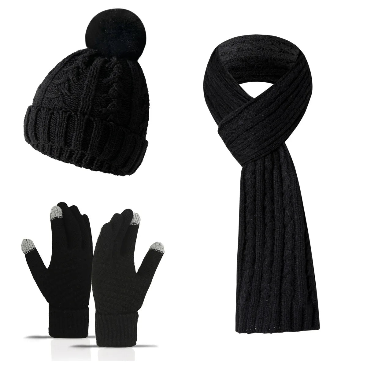 Women Winter 3Pcs Set Pom Pom Beanie Hat Scarf Touch Screen Gloves Sequin Knitted Warm Outdoor Accessories Christmas Gifts