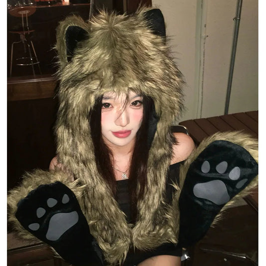 Winter Hat For Women's beanies Y2K Cute Plush Furry Fox Ears Scarf Hat Two Piece Set Waste Earth Hat Windproof Warm Accessories