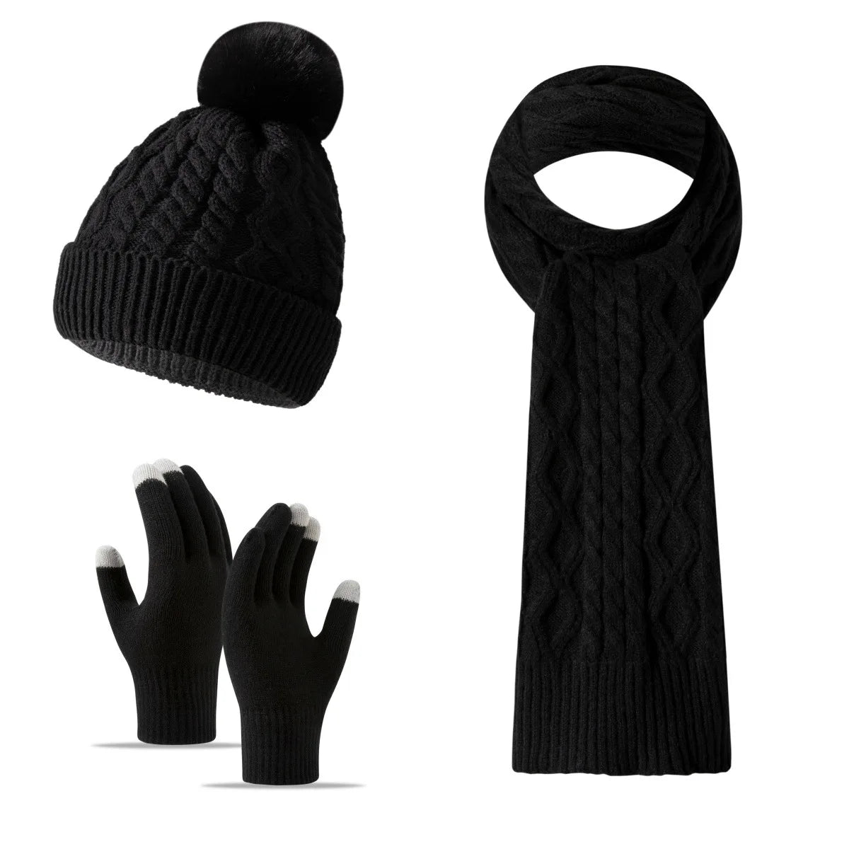Women Winter 3Pcs Set Pom Pom Beanie Hat Scarf Touch Screen Gloves Sequin Knitted Warm Outdoor Accessories Christmas Gifts