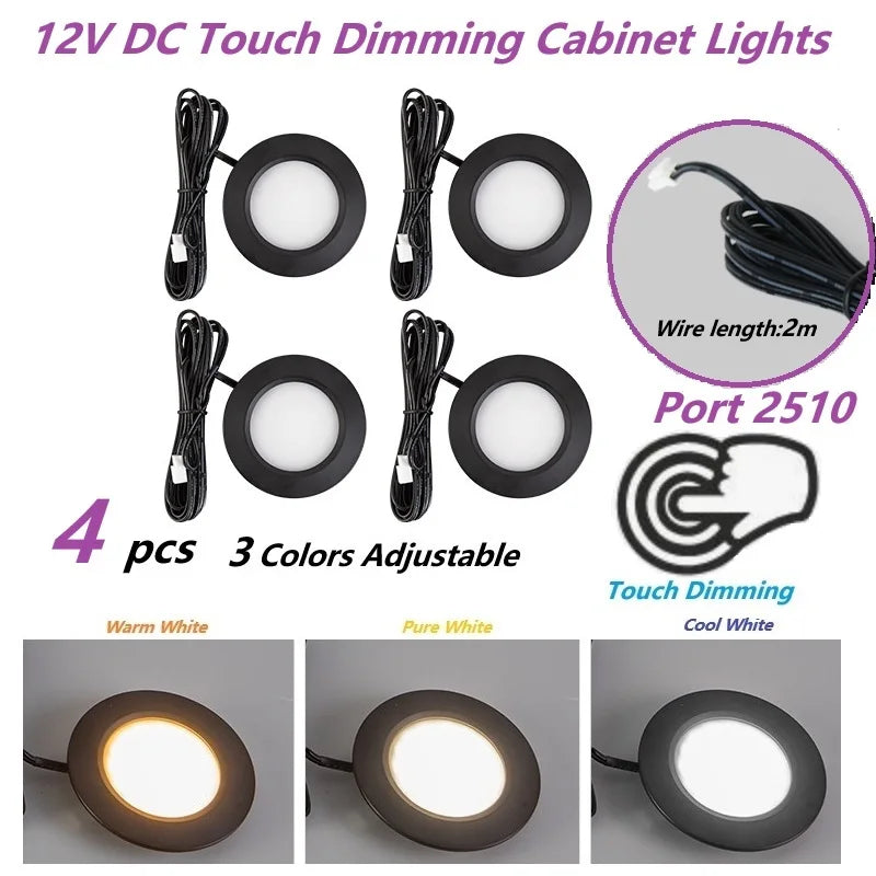 Φ68mm 12V DC Touch Dimming Cabinet Lights,3Colors Dimmer LED Down Lamp, Embedded Installation with Shrapnel for Camper,Yacht,RV
