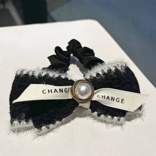 Winter Temperament Velvet Bowknot Large Intestine Hair Ties Loop French Pearl Elegant Rope Headwear Accessories for Women