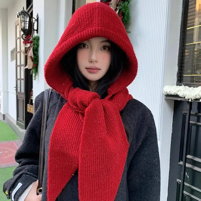 Winter Hats for Women Knitted Polyester Hooded Scarf Hat for Women Balaclava Knit Skull Cap Beanie Hat