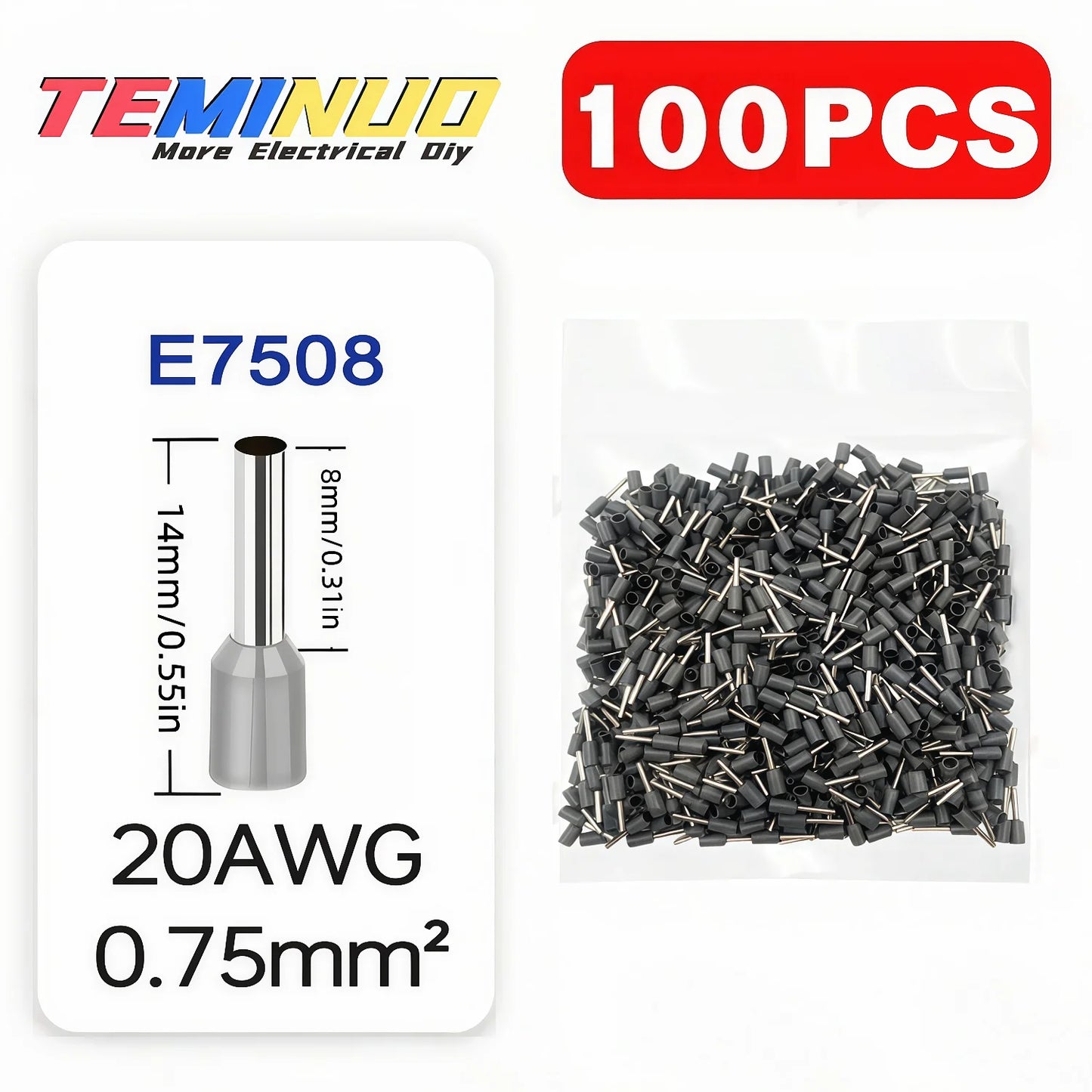 100PCS Insulated Cord End Terminals, AWG 22-6 Wire Ferrules Crimp Connectors, E7508/E1008/E1508/E2508/E4009/E6012/E10-12/E16-12