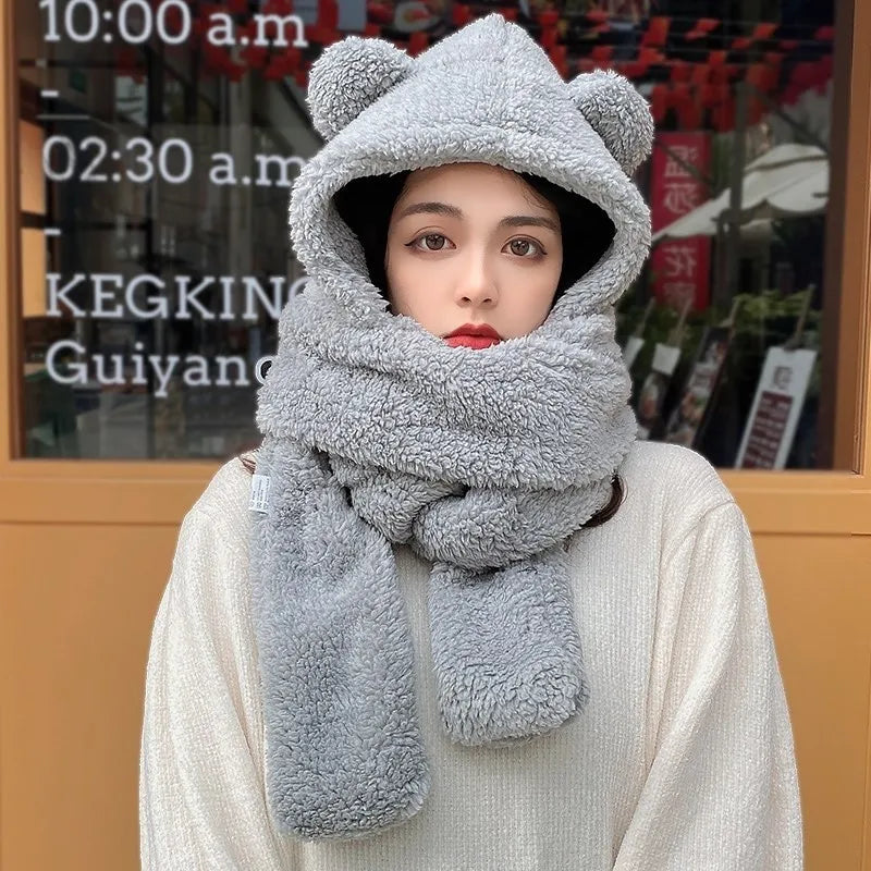 Winter Bear Earmuffs Scarf Mittens Set Thermal Plush Fleece Lined Connected Hat with Scarf and Gloves for Cold Weather Girls