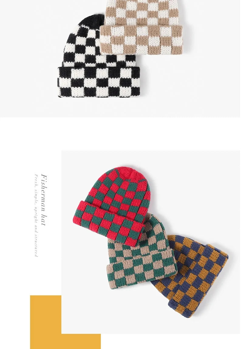 Winter Hats for Woman New Men Beanie Knitted Hat Girl Black White Check Plaid Chess Beanie Gorros Warm Bonnet Ladies Casual Cap