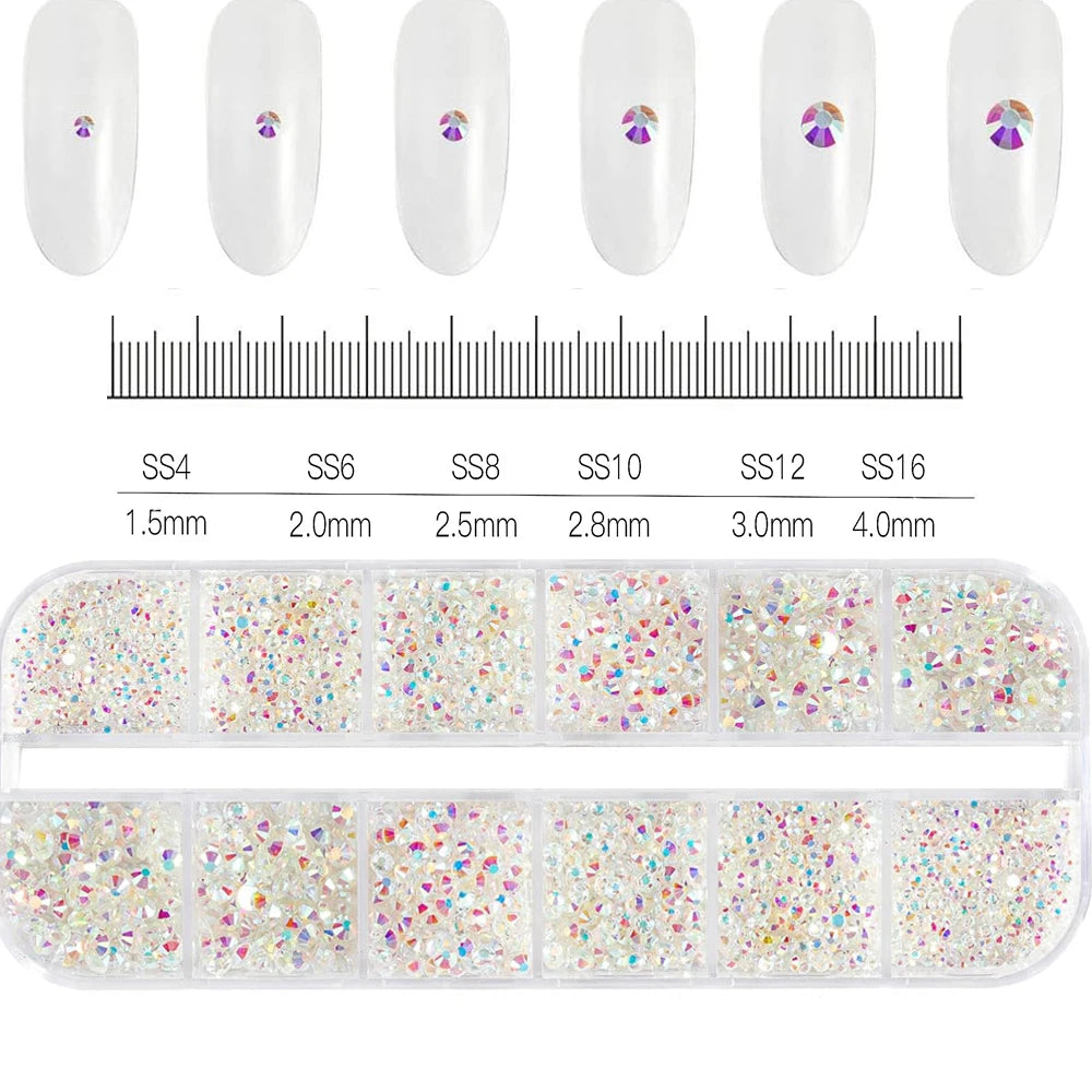 12Grid/1500PCS Shiny Crystal Nail Art Rhinestones SS4-16 Silver 3D Flatback Semicircler Nail Charms Gemstones for DIY Decoration