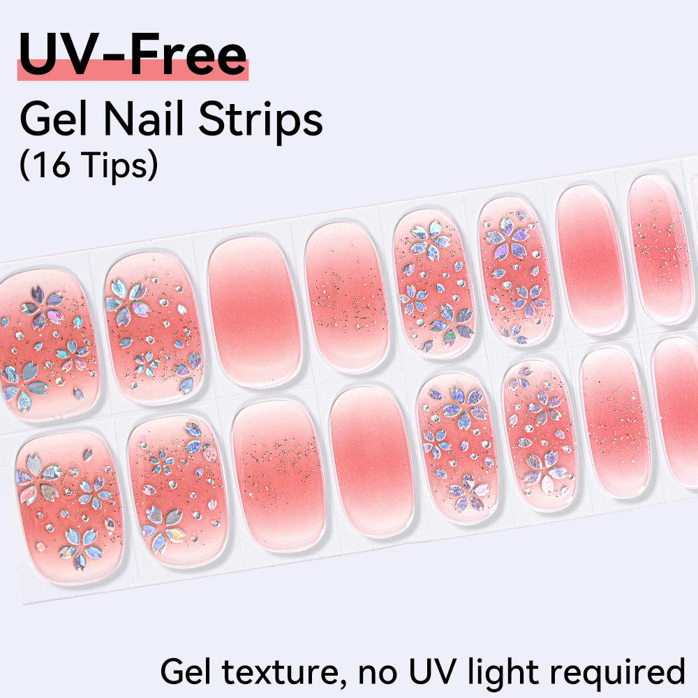 UV FREE Fully Cured Gel Nail Strips 16/22 Tips Self Adhesive Gel Nail Stickers DIY Nail Art Manicure DON'T NEED UV LAMP