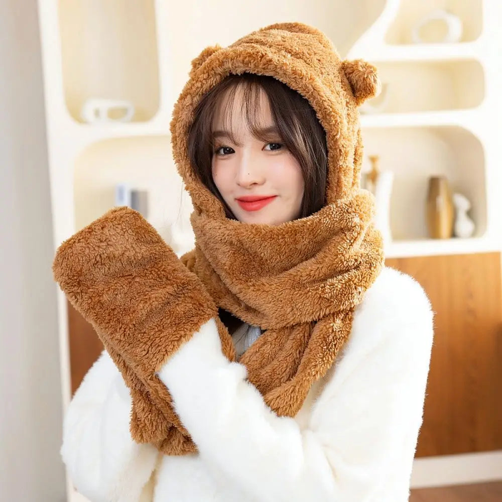 Winter Cute Bear Hat Scarf Gloves Set Plush Thickened Warm Ear Protection Hooded Beanie Shawl Mittens Cozy Daily Accessory