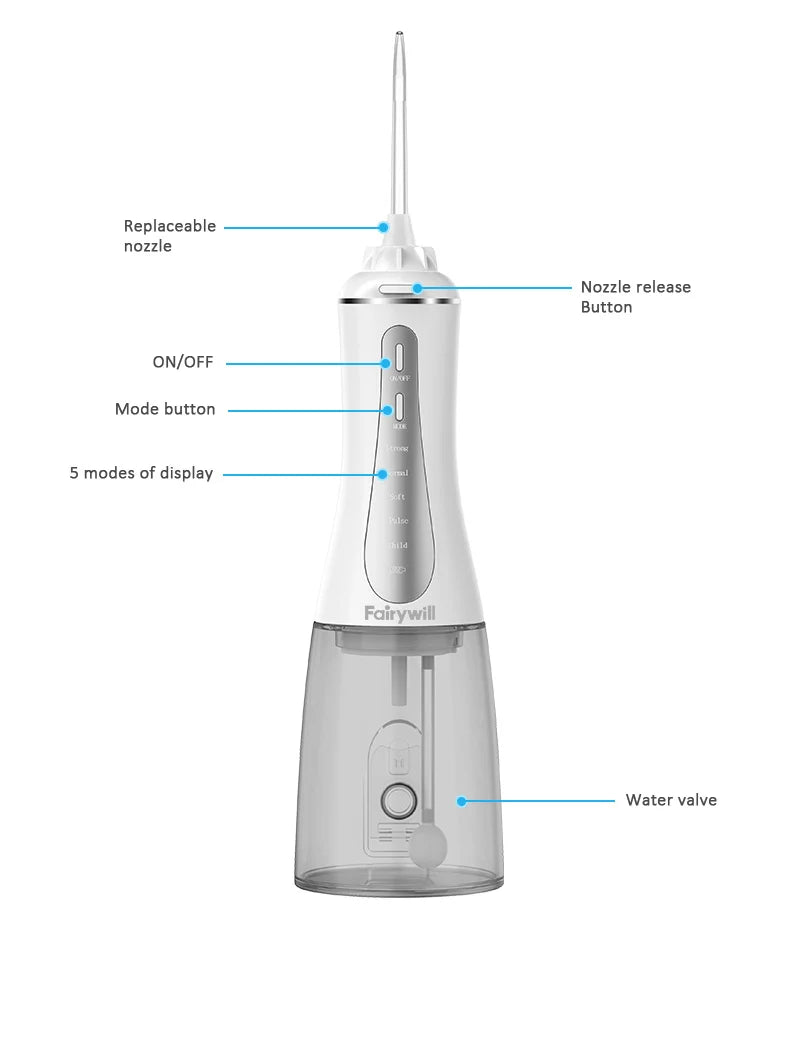 Oral Irrigator Fairywill Water Flosser 5 Modes Portable Dental Water Jet 350ML Water Tank Teeth Cleaner USB Charge Waterproof