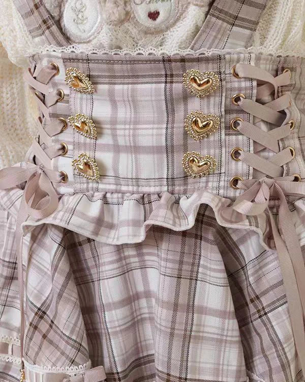 Original Japanese Mines Lolita Strap Skirts Women High Waist and Thin Frilly Pleated Skirt College Style Liz Girl Plaid Skirt