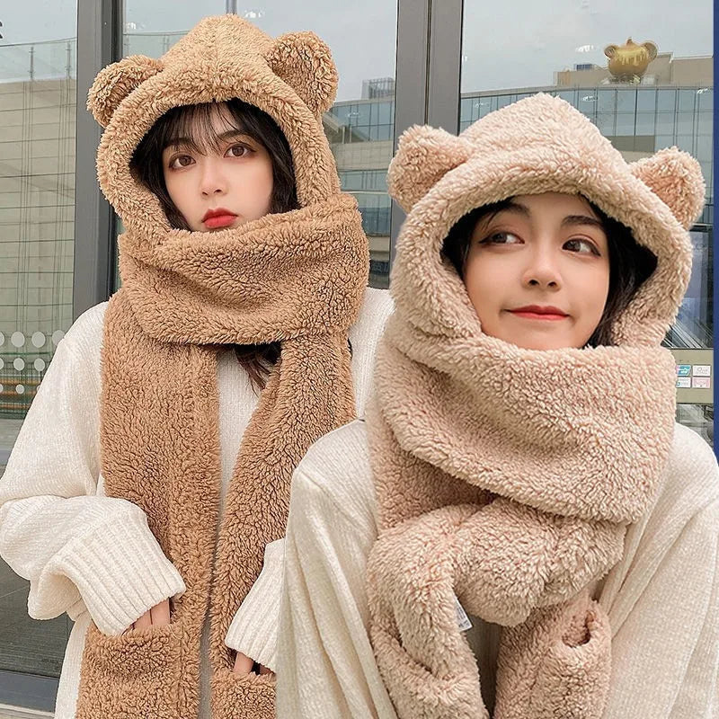 Winter Bear Earmuffs Scarf Mittens Set Thermal Plush Fleece Lined Connected Hat with Scarf and Gloves for Cold Weather Girls