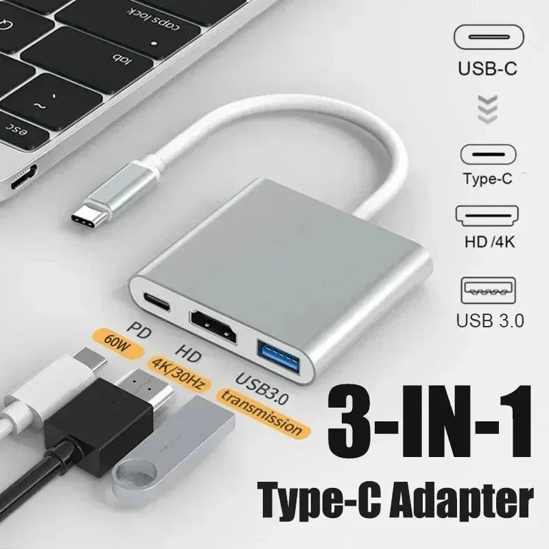 3 IN 1 USB C to HDMI-Compatible Adapter USB 3.1 Hub Type C Charging Converter for Samsung S23 Ultra iPhone 15 Laptop Macbook