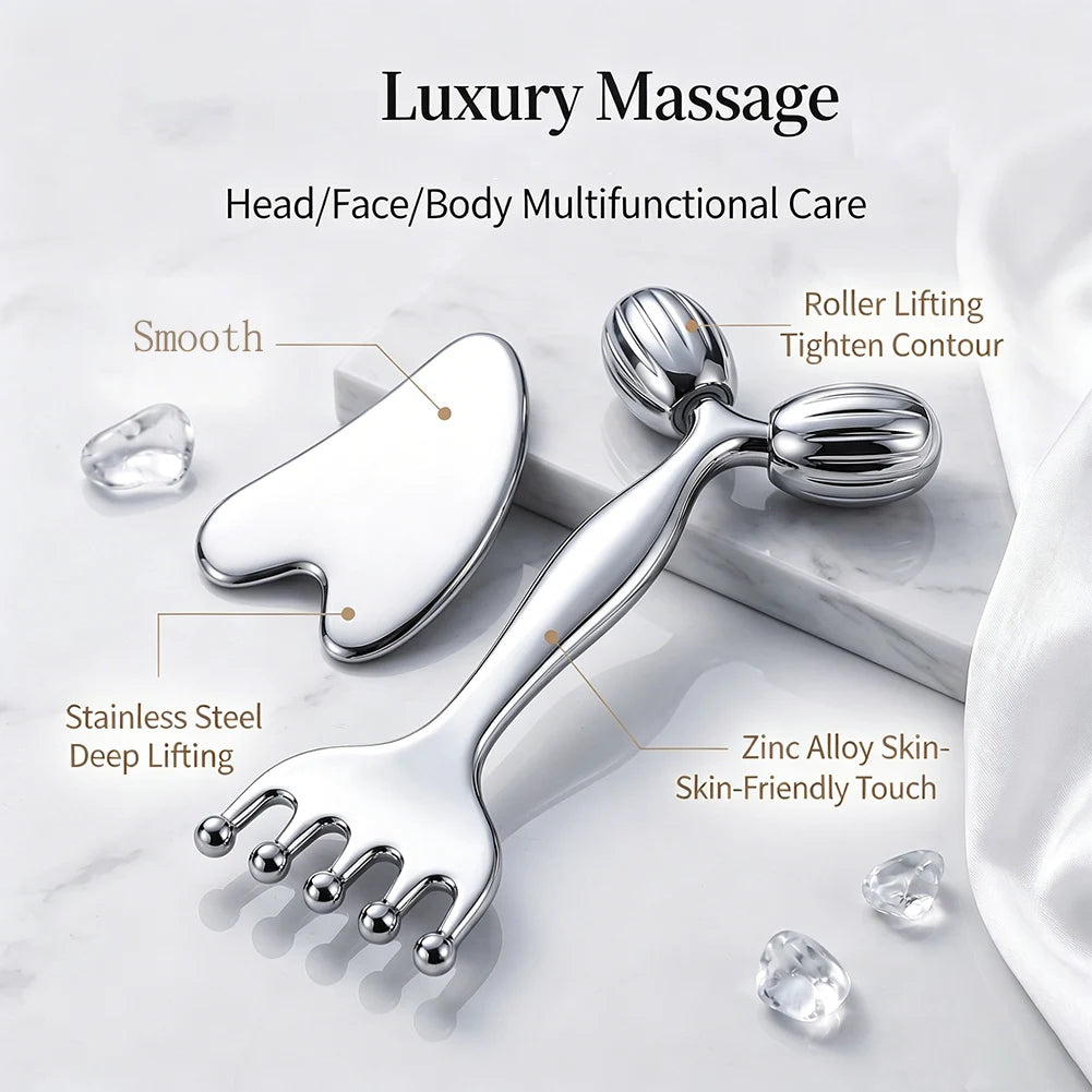 Stainless Steel Face Roller & Gua Sha, Facial Massager with Scalp Comb, Skin Lifting & Puffiness Reducing Massage Tools for Face