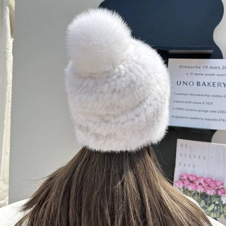 New Winter Ladies Real Mink Fur Hat Warm Thickened Ear Protection Knitted Cap Ladies Winter Fashion Accessories