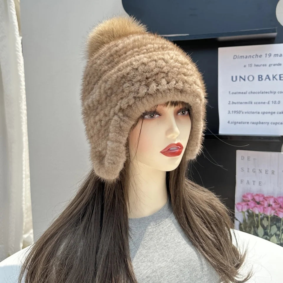 New Winter Ladies Real Mink Fur Hat Warm Thickened Ear Protection Knitted Cap Ladies Winter Fashion Accessories
