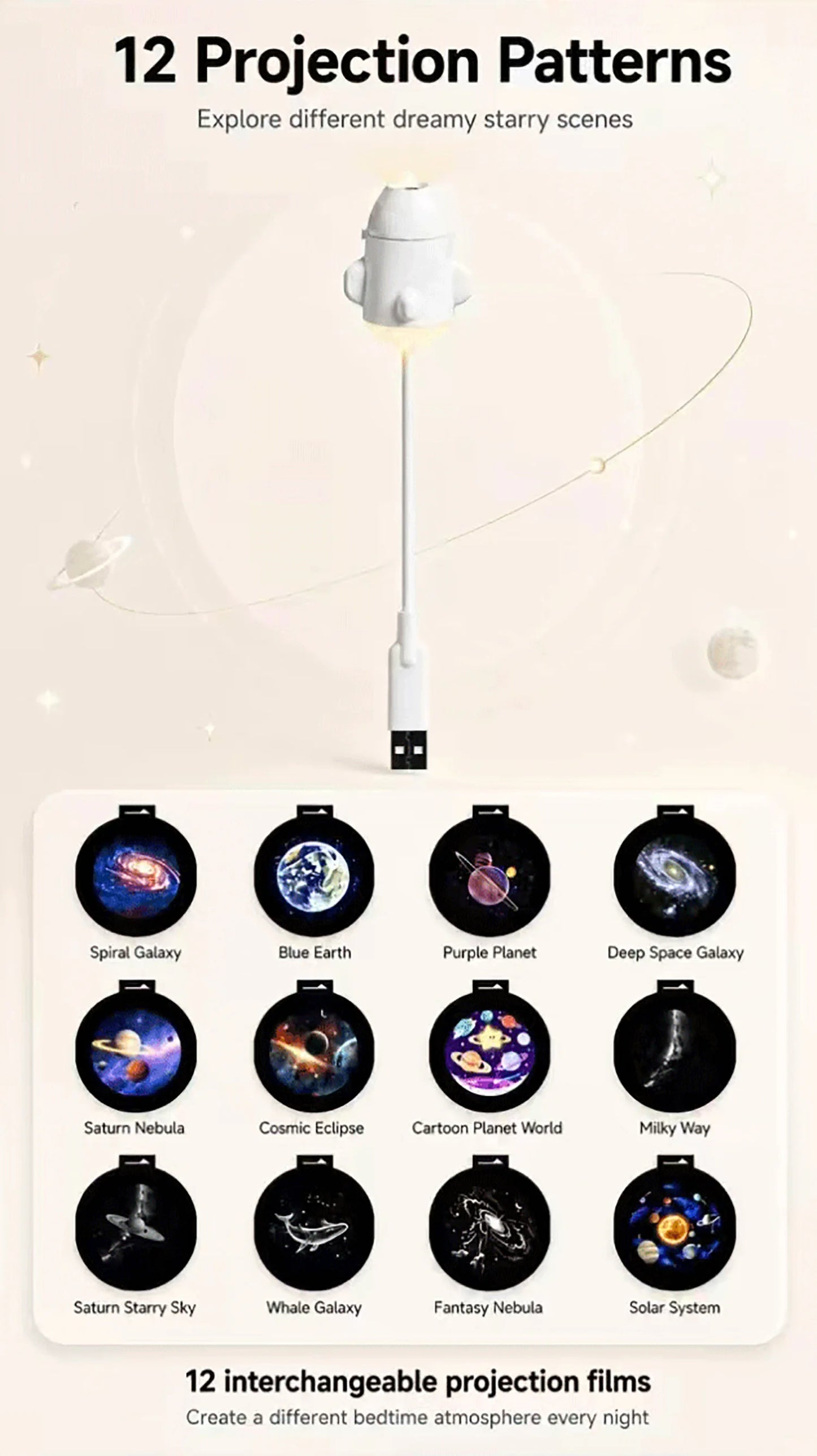 2-in-1 USB Galaxy Projection Light Adjustable Focus Ambient Star Projector Lights Car Projection Lamp Space Moon Night Light