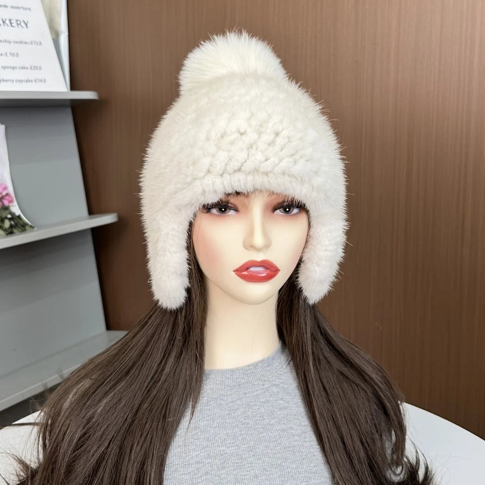 New Winter Ladies Real Mink Fur Hat Warm Thickened Ear Protection Knitted Cap Ladies Winter Fashion Accessories