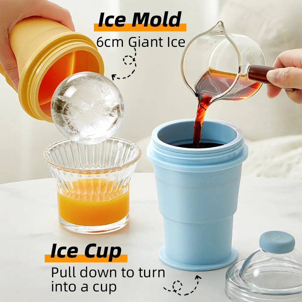 2-in-1 Collapsible Cup 360ml with Straw Silicone Ice Mold Folding Water Cup Ice Ball Maker Portable Coffee Tumbler Blue Yellow