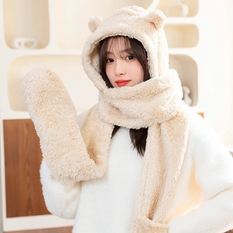 Winter Cute Bear Hat Scarf Gloves Set Plush Thickened Warm Ear Protection Hooded Beanie Shawl Mittens Cozy Daily Accessory