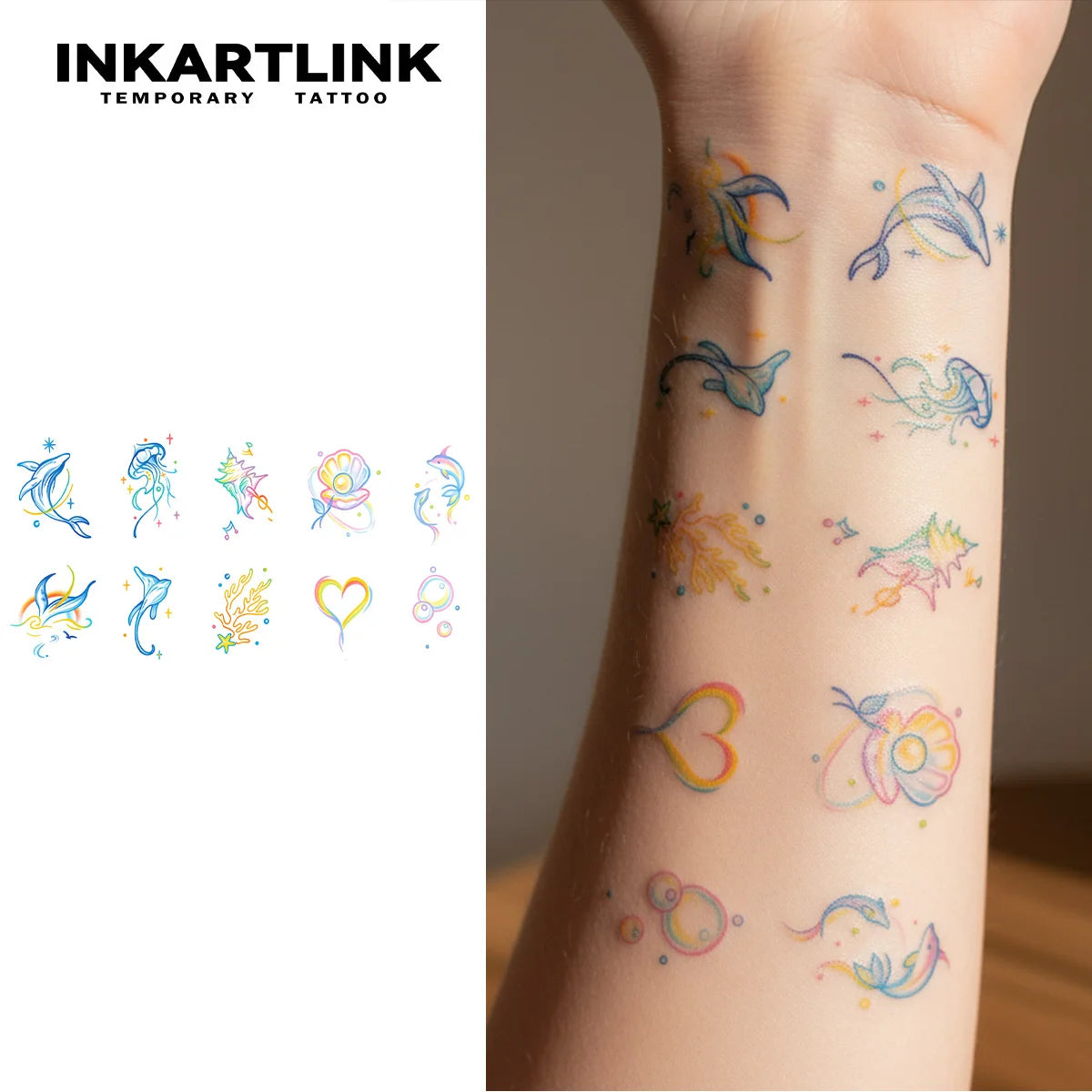 INKARTLINK Temporary Tattoo Stickers Waterproof Color Printing Art Hand drawn Whale Painting Temporary Tattoo Party Supplies DIY