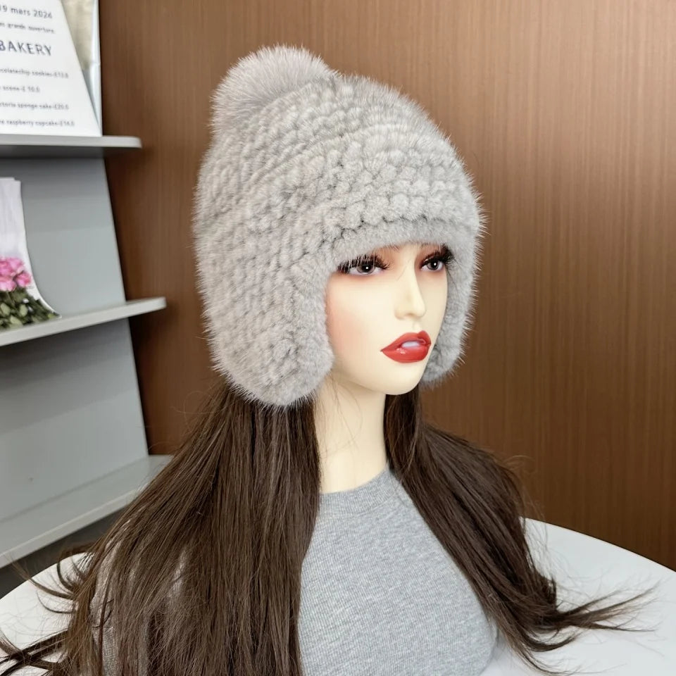 New Winter Ladies Real Mink Fur Hat Warm Thickened Ear Protection Knitted Cap Ladies Winter Fashion Accessories