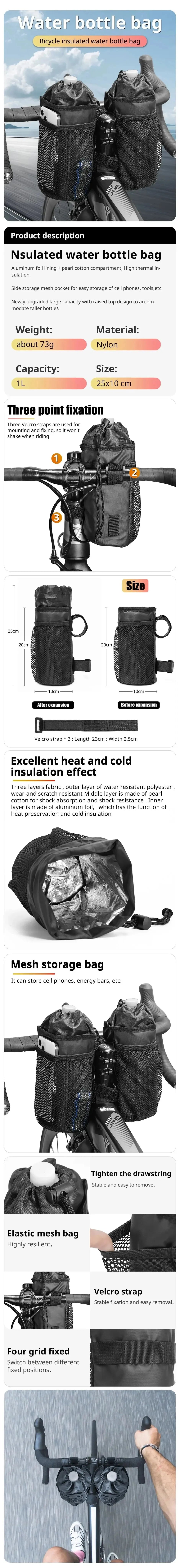 Bicycle Bag Bike Bottle Holder Handlebar Stem Thermal Bag with Mesh Pocket Coffee Cup Holders Cycling Water Bottle Carrier Bag